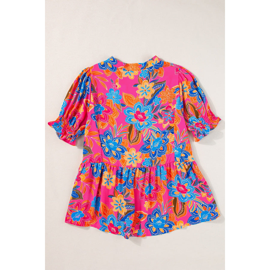 Peplum Printed Notched Short Sleeve Blouse Apparel and Accessories