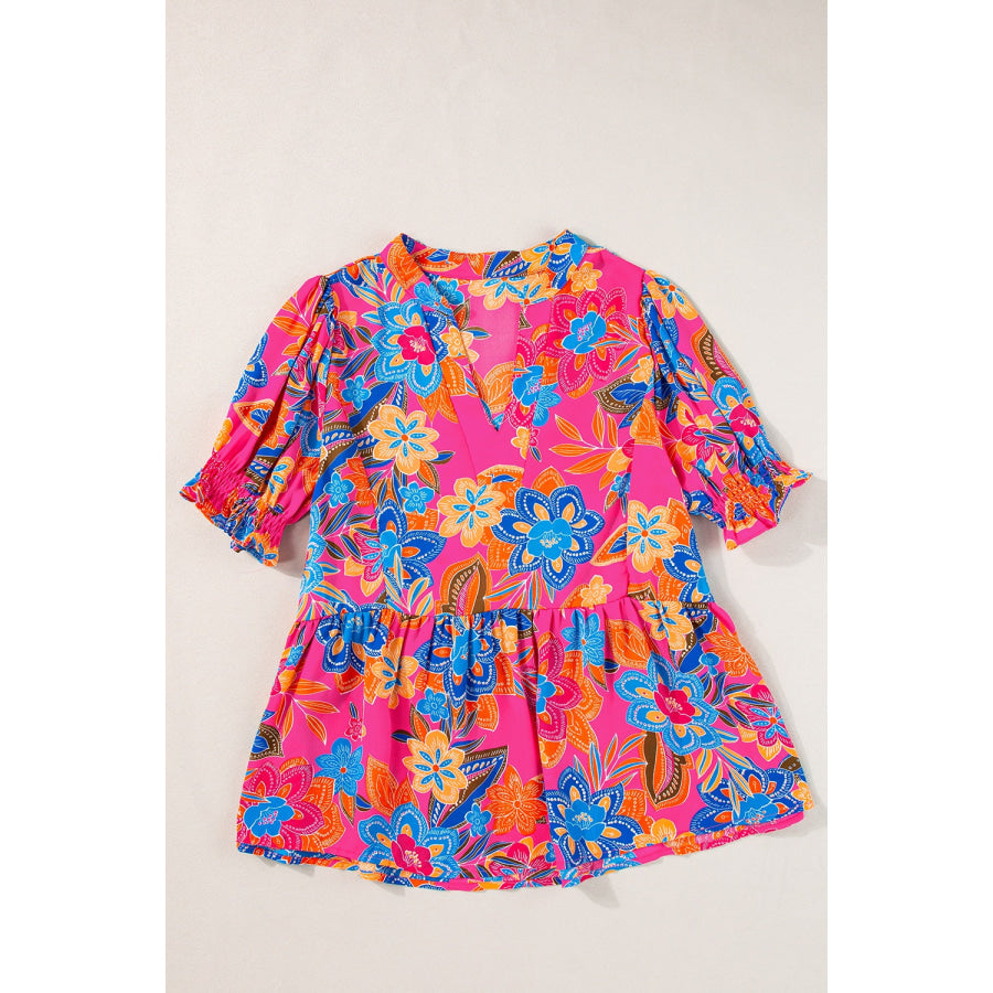 Peplum Printed Notched Short Sleeve Blouse Cerise / S Apparel and Accessories