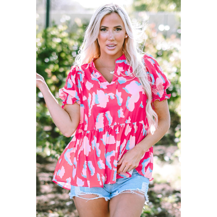 Peplum Printed Notched Short Sleeve Blouse Hot Pink / S Apparel and Accessories