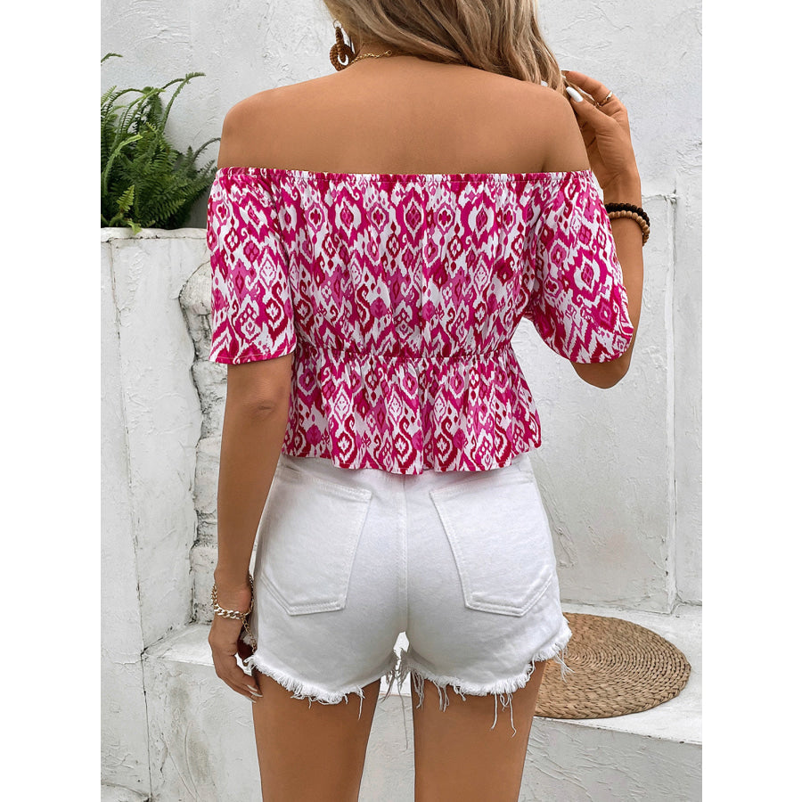 Peplum Printed Off-Shoulder Short Sleeve Blouse Apparel and Accessories