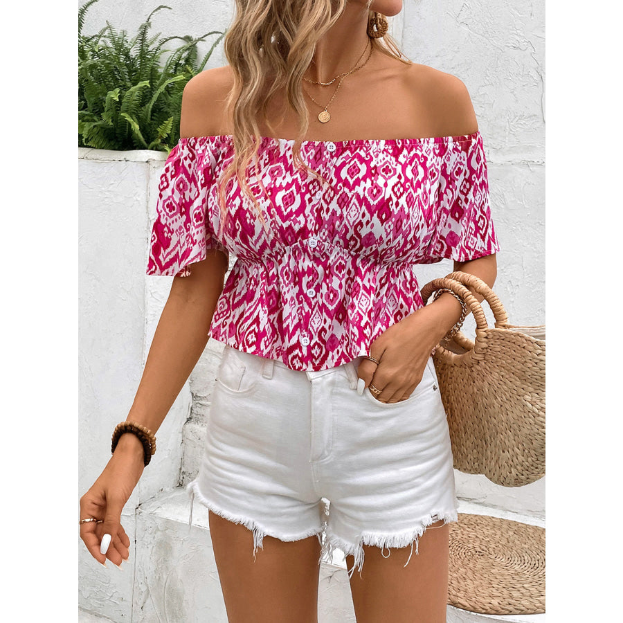 Peplum Printed Off-Shoulder Short Sleeve Blouse Apparel and Accessories