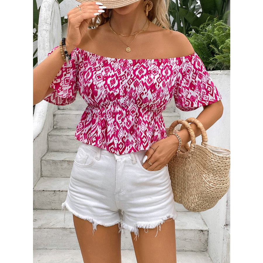 Peplum Printed Off-Shoulder Short Sleeve Blouse Apparel and Accessories