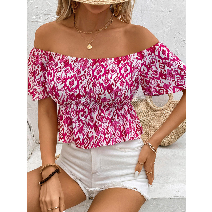 Peplum Printed Off-Shoulder Short Sleeve Blouse Apparel and Accessories