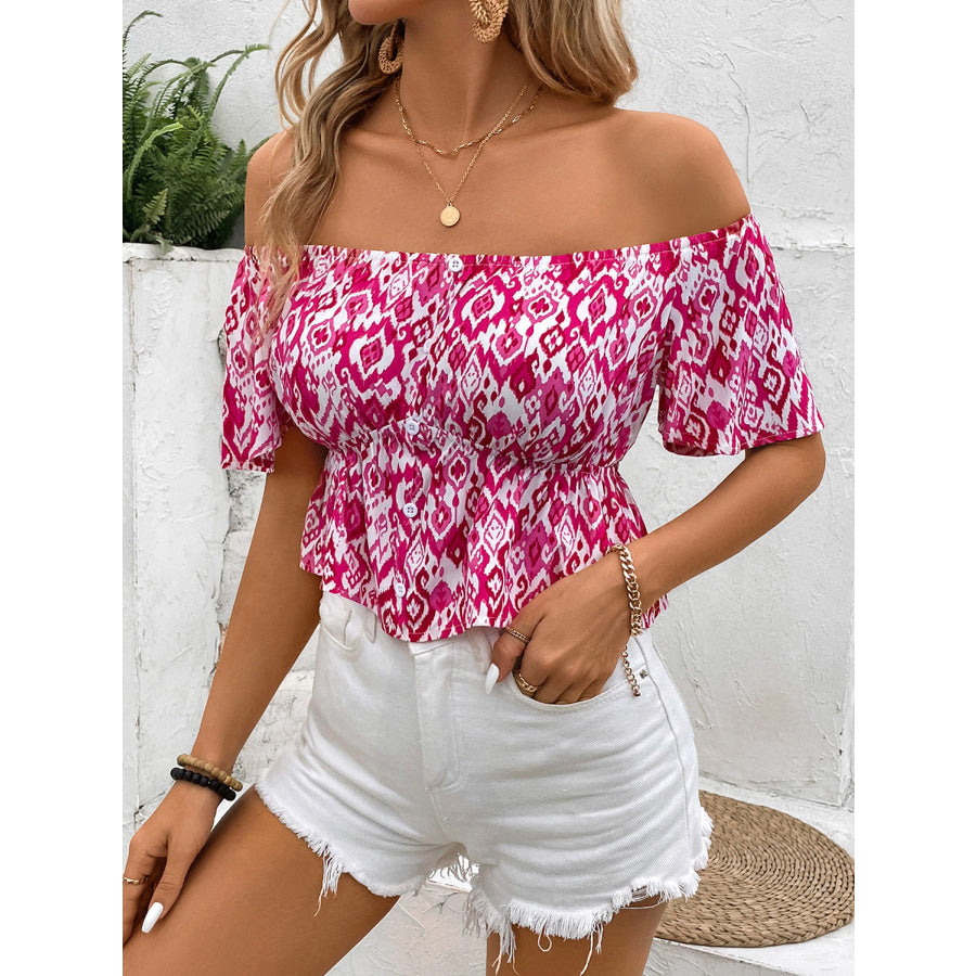 Peplum Printed Off-Shoulder Short Sleeve Blouse Hot Pink / M Apparel and Accessories