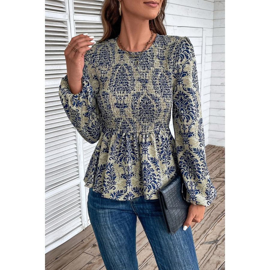 Peplum Printed Round Neck Long Sleeve Blouse Apparel and Accessories