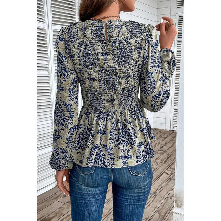 Peplum Printed Round Neck Long Sleeve Blouse Apparel and Accessories