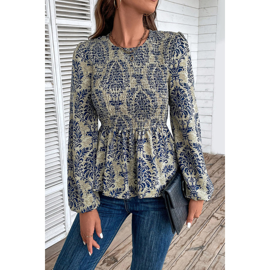 Peplum Printed Round Neck Long Sleeve Blouse Navy / S Apparel and Accessories