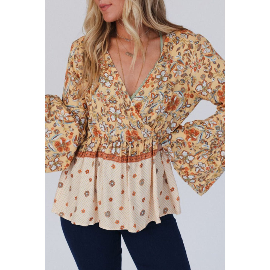 Peplum Printed Surplice Flare Sleeve Blouse Apparel and Accessories