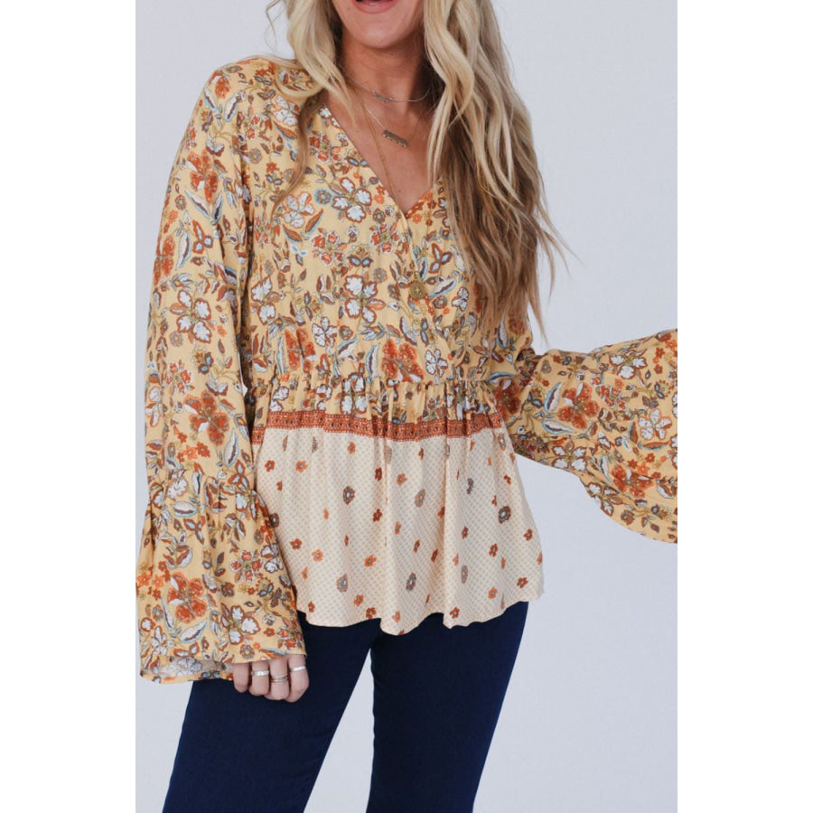 Peplum Printed Surplice Flare Sleeve Blouse Apparel and Accessories