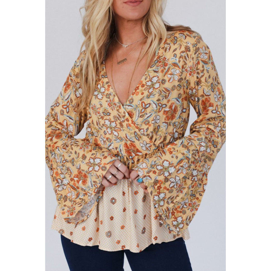 Peplum Printed Surplice Flare Sleeve Blouse Apparel and Accessories