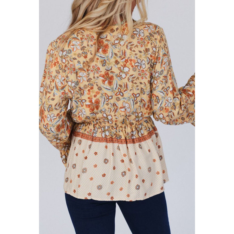 Peplum Printed Surplice Flare Sleeve Blouse Apparel and Accessories