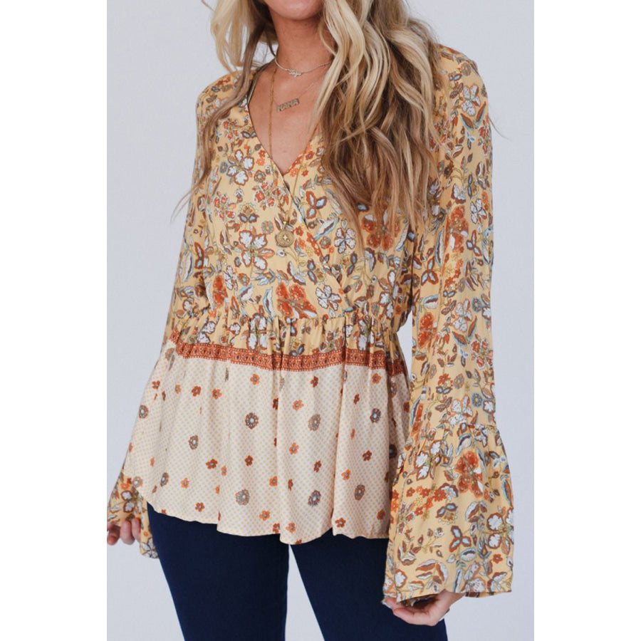 Peplum Printed Surplice Flare Sleeve Blouse Pastel Yellow / S Apparel and Accessories