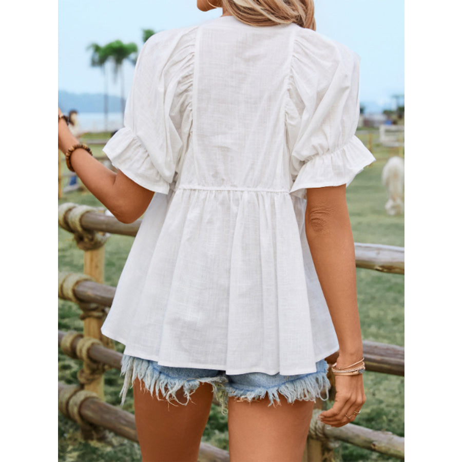 Peplum Round Neck Flounce Sleeve Blouse White / S Apparel and Accessories