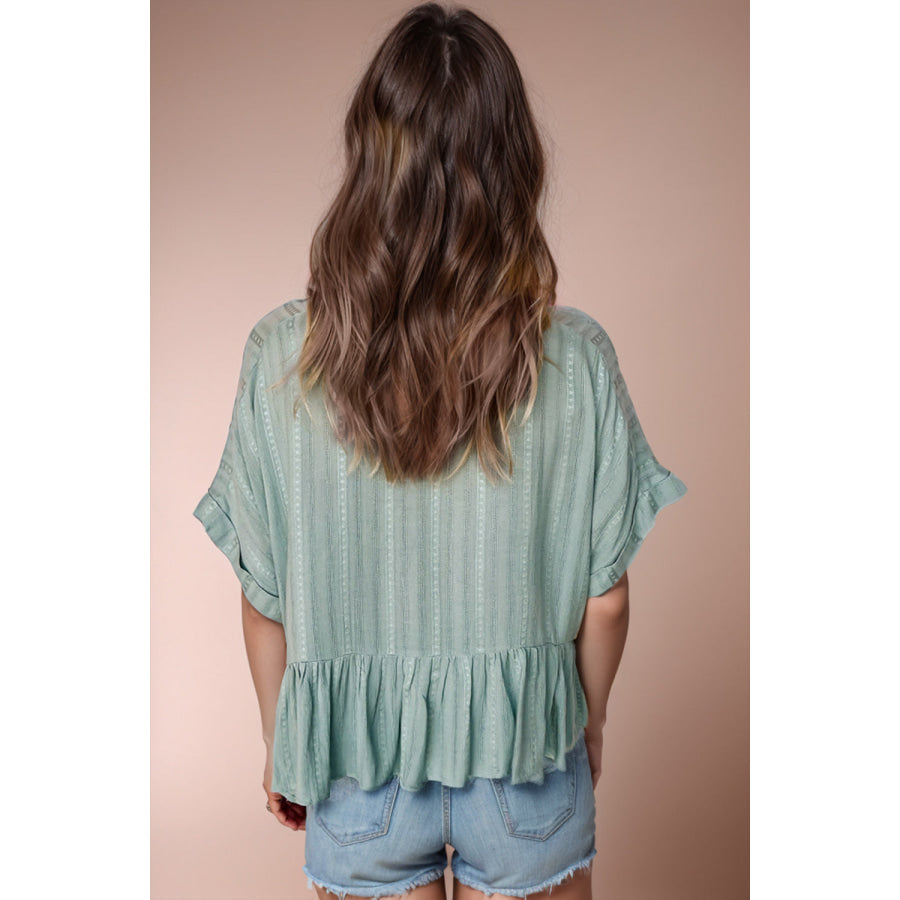 Peplum Round Neck Half Sleeve Blouse Sage / S Apparel and Accessories