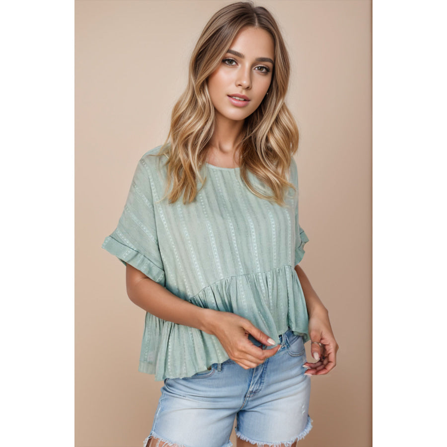 Peplum Round Neck Half Sleeve Blouse Sage / S Apparel and Accessories