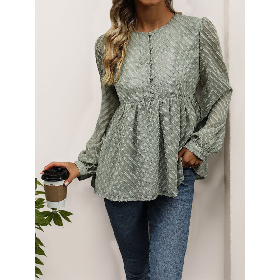 Peplum Round Neck Long Sleeve Blouse Apparel and Accessories