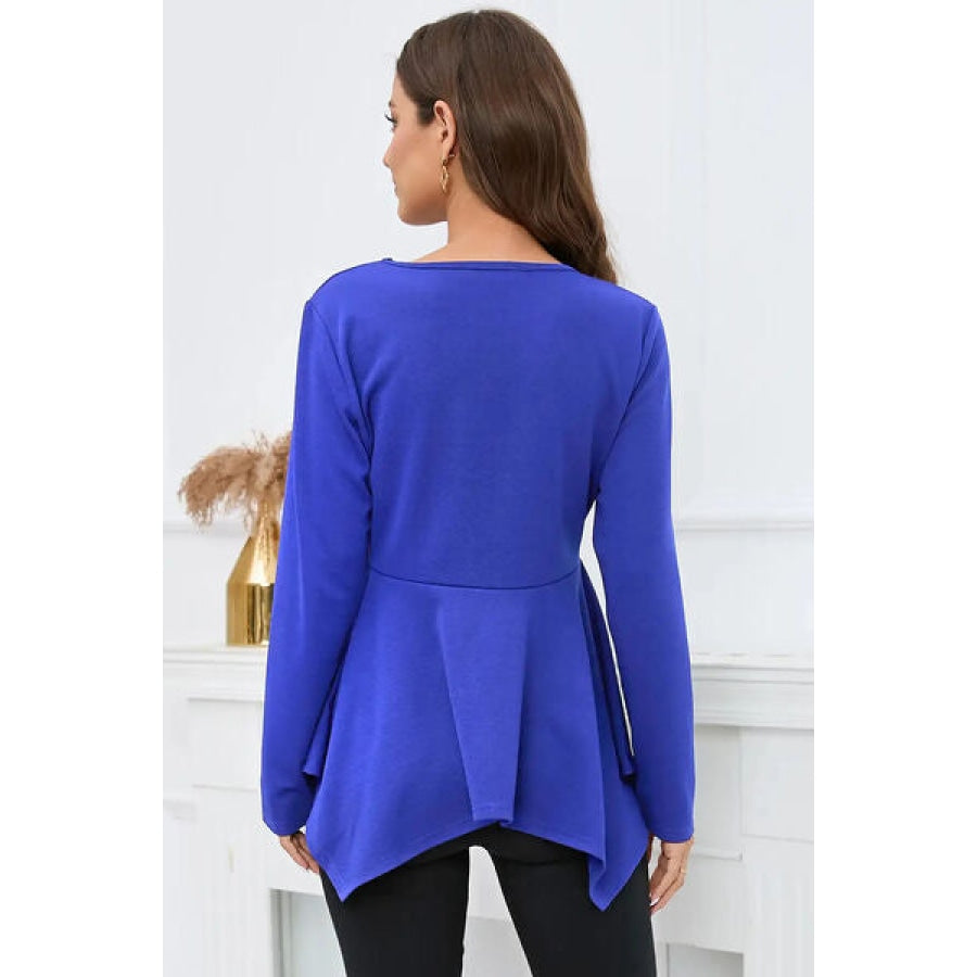 Peplum Round Neck Long Sleeve Blouse Apparel and Accessories