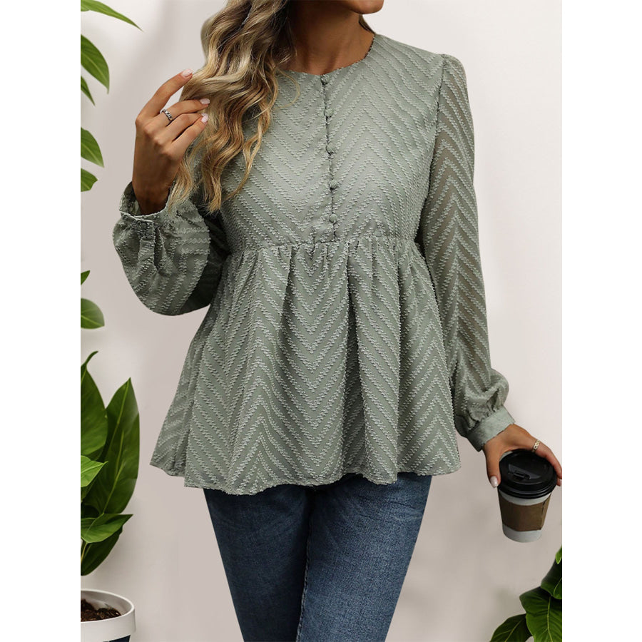 Peplum Round Neck Long Sleeve Blouse Apparel and Accessories