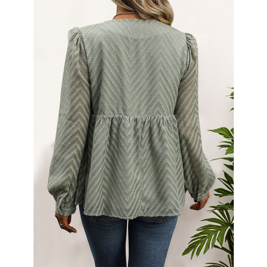 Peplum Round Neck Long Sleeve Blouse Apparel and Accessories