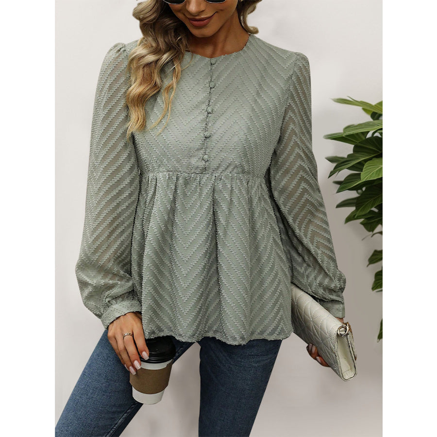 Peplum Round Neck Long Sleeve Blouse Apparel and Accessories