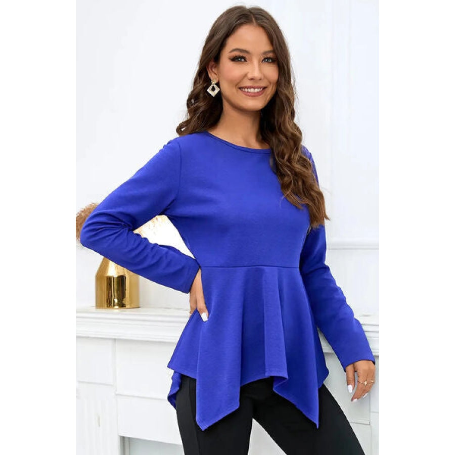 Peplum Round Neck Long Sleeve Blouse Apparel and Accessories