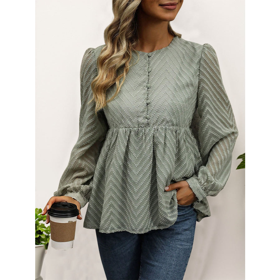 Peplum Round Neck Long Sleeve Blouse Sage / S Apparel and Accessories