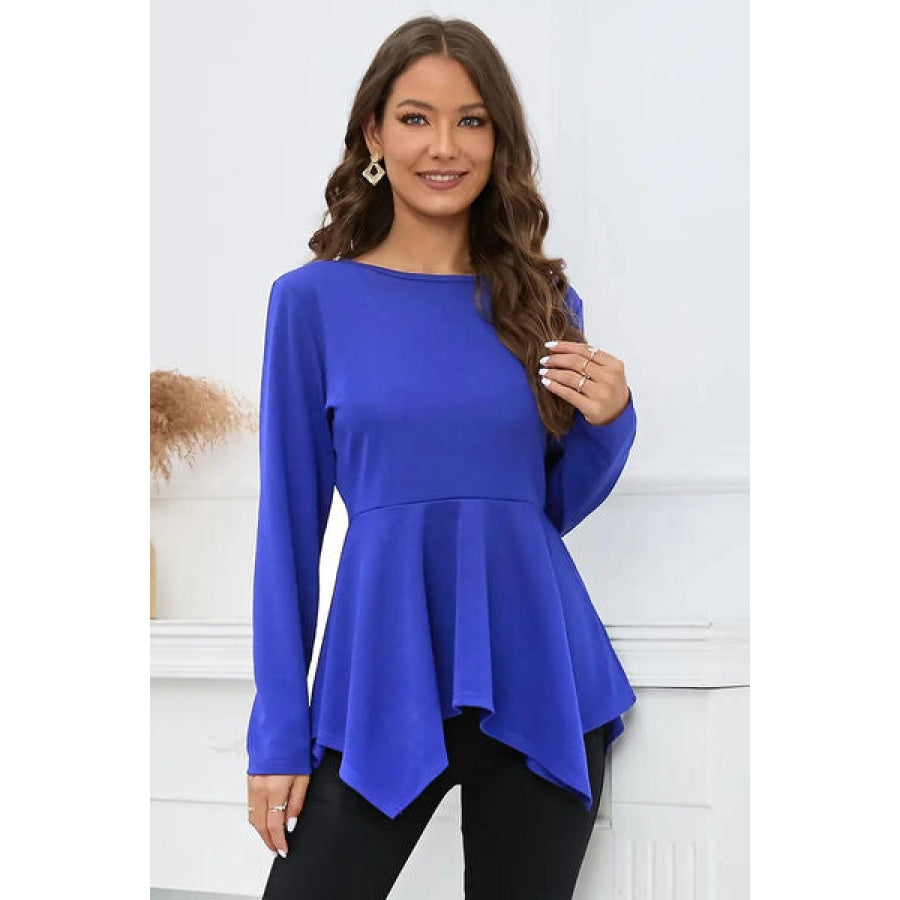 Peplum Round Neck Long Sleeve Blouse Ultra marine / S Apparel and Accessories