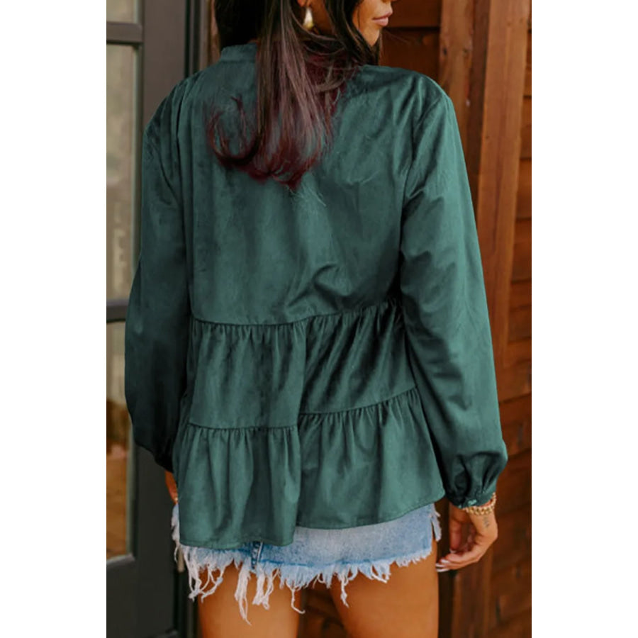 Peplum Round Neck Long Sleeve Shirt Dark Green / S Apparel and Accessories