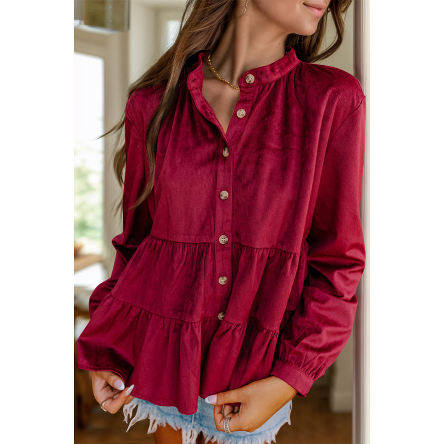 Peplum Round Neck Long Sleeve Shirt Burgundy / S Apparel and Accessories