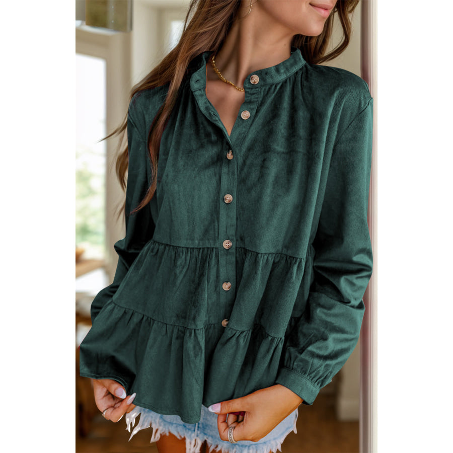 Peplum Round Neck Long Sleeve Shirt Dark Green / S Apparel and Accessories