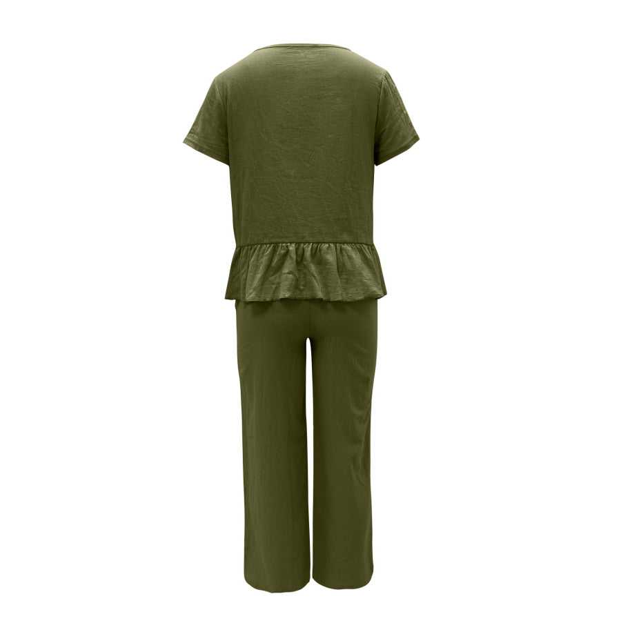 Peplum Round Neck Short Sleeve Top and Pants Set Army Green / S Apparel and Accessories
