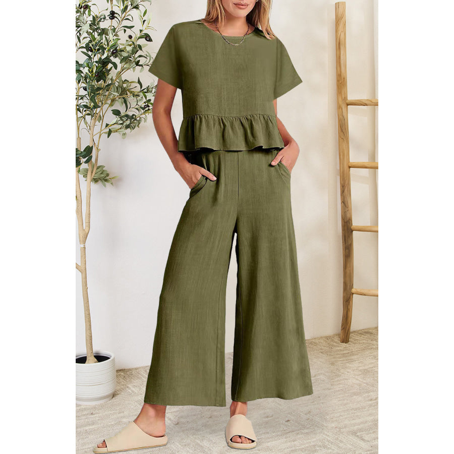 Peplum Round Neck Short Sleeve Top and Pants Set Army Green / S Apparel and Accessories