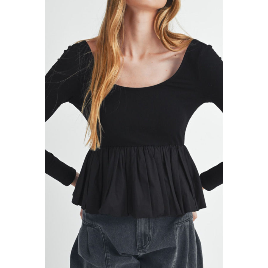 Peplum Scoop Neck Long Sleeve T-Shirt Black / S Apparel and Accessories