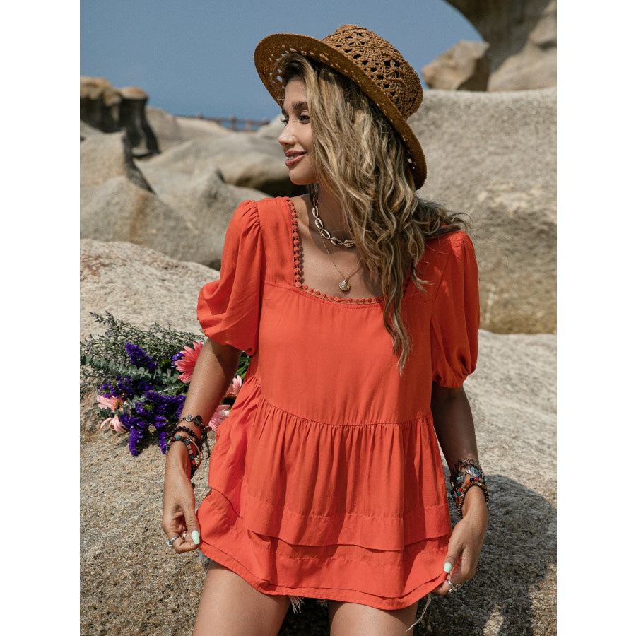 Peplum Square Neck Short Sleeve Blouse Red Orange / S Apparel and Accessories