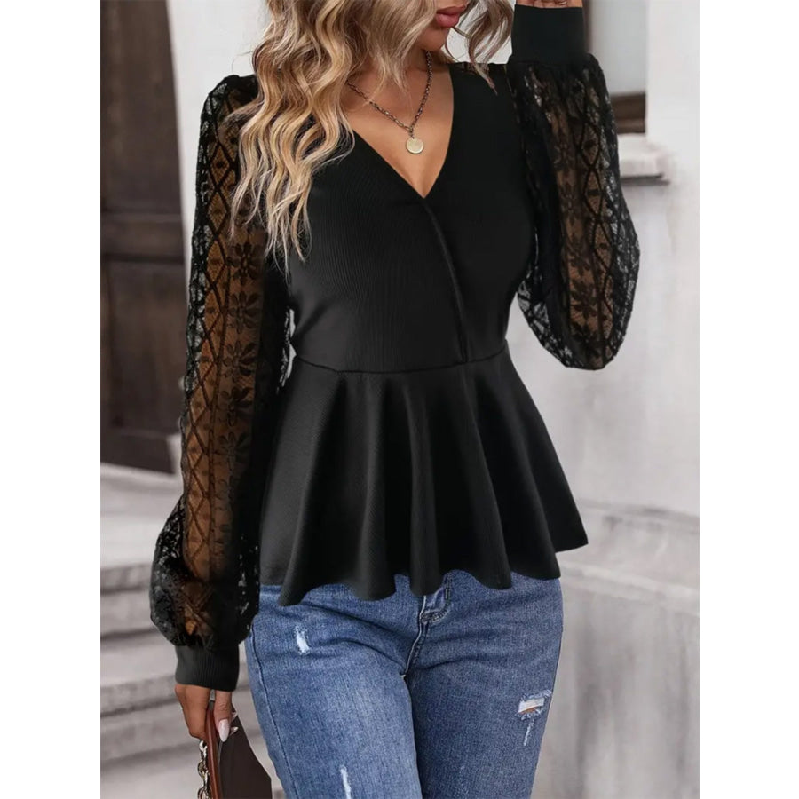 Peplum Surplice Long Sleeve Blouse Apparel and Accessories