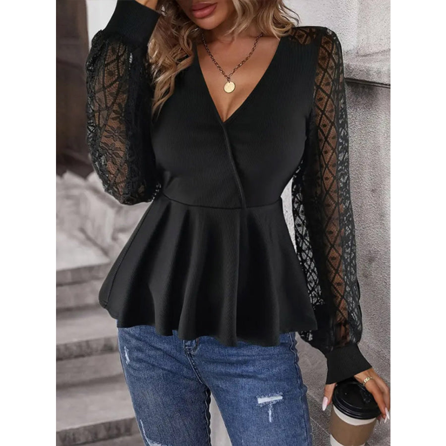 Peplum Surplice Long Sleeve Blouse Apparel and Accessories