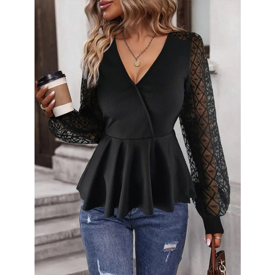 Peplum Surplice Long Sleeve Blouse Apparel and Accessories