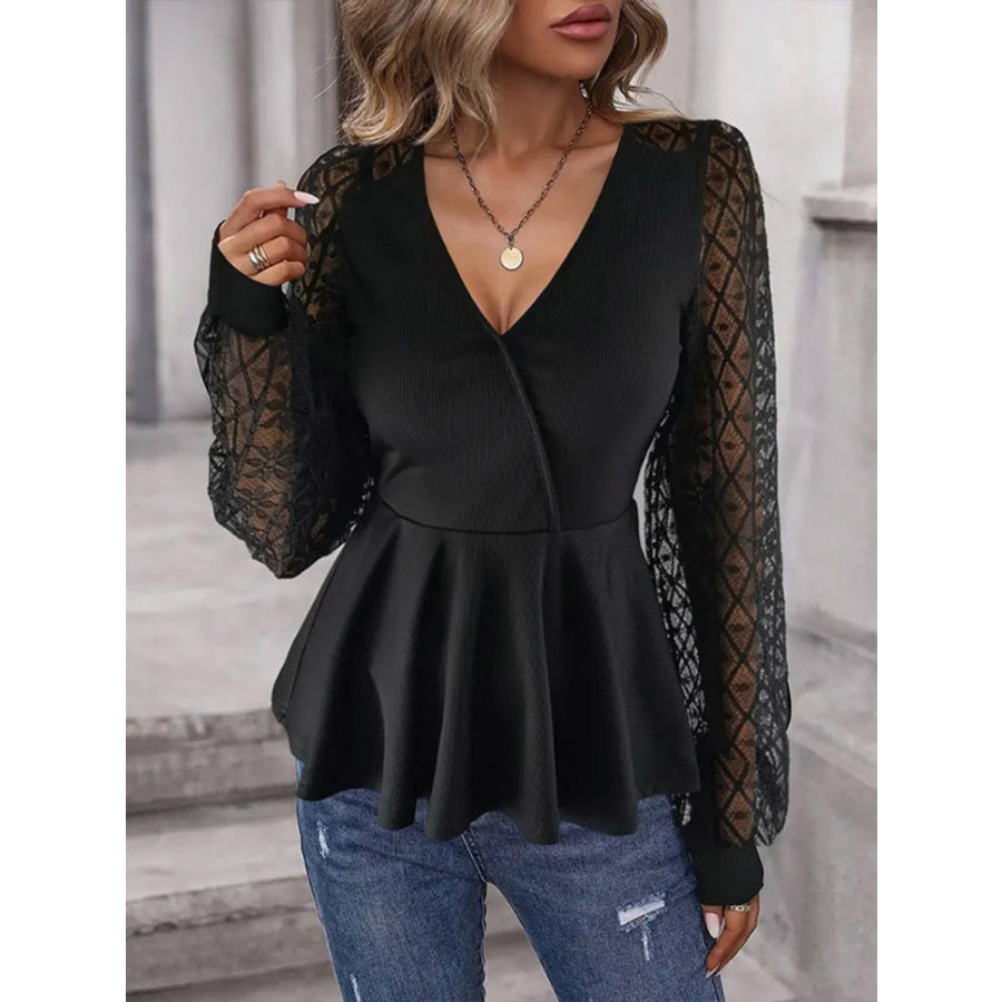 Peplum Surplice Long Sleeve Blouse Black / S Apparel and Accessories