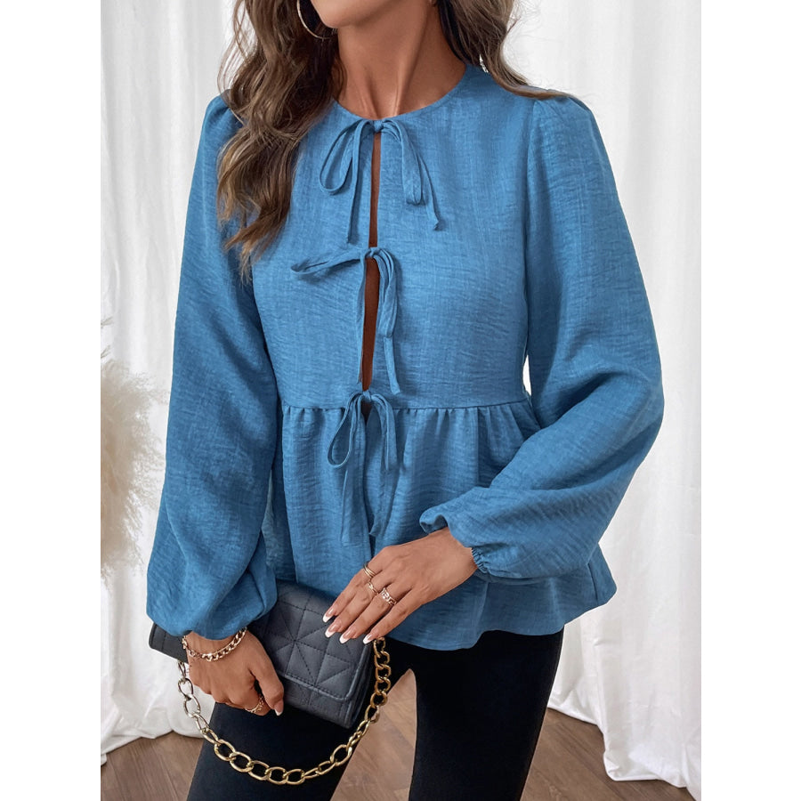 Peplum Tie Neck Balloon Sleeve Blouse Apparel and Accessories