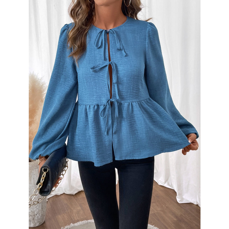 Peplum Tie Neck Balloon Sleeve Blouse Apparel and Accessories