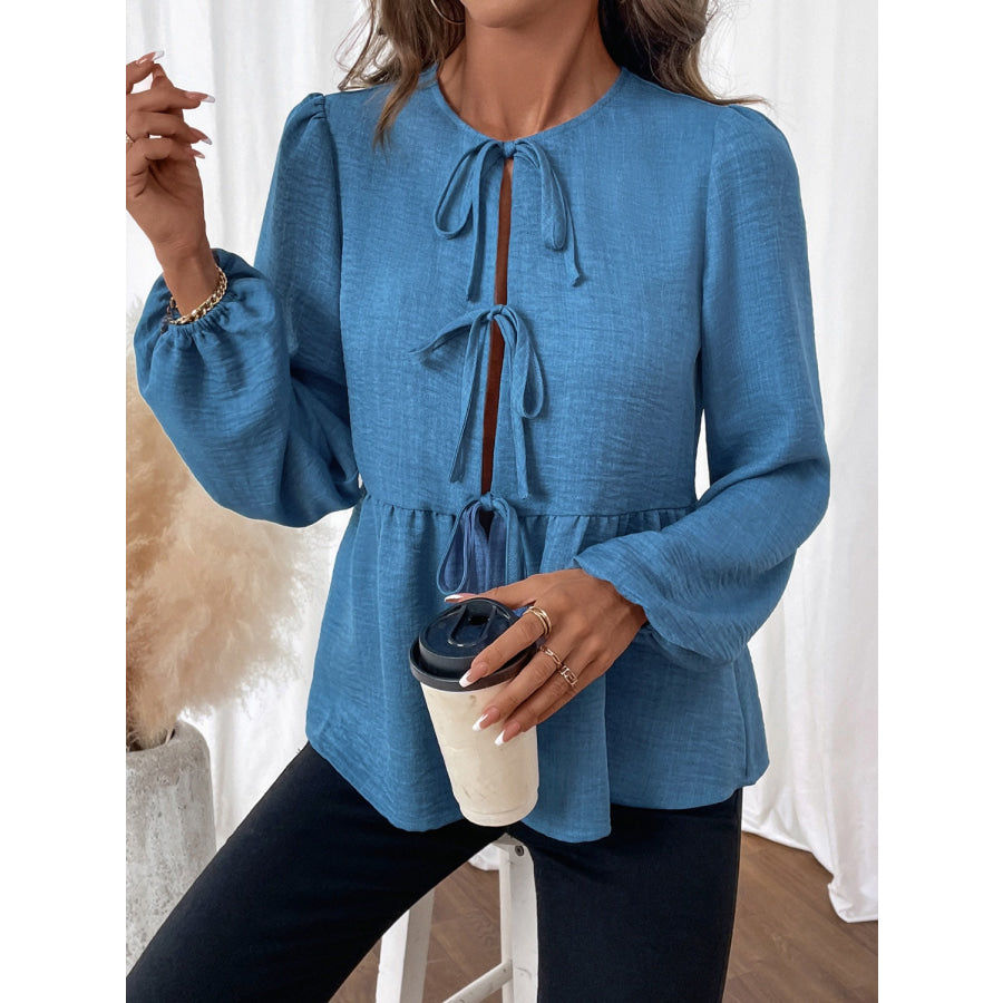 Peplum Tie Neck Balloon Sleeve Blouse Apparel and Accessories