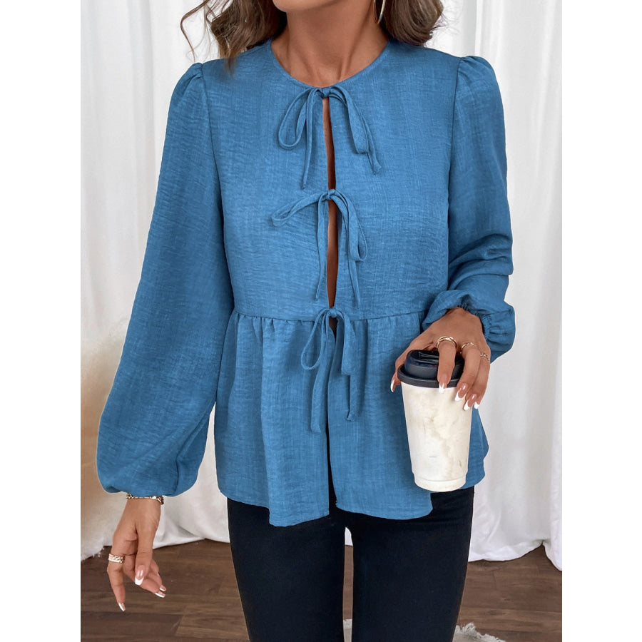 Peplum Tie Neck Balloon Sleeve Blouse Apparel and Accessories