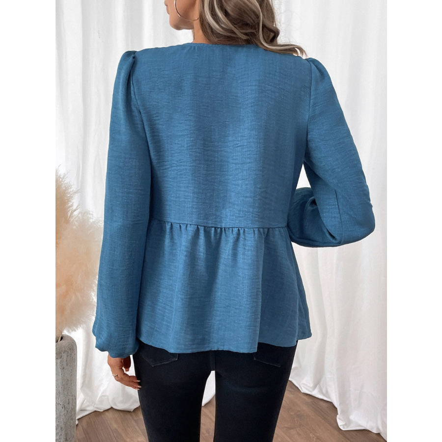 Peplum Tie Neck Balloon Sleeve Blouse Cerulean / S Apparel and Accessories