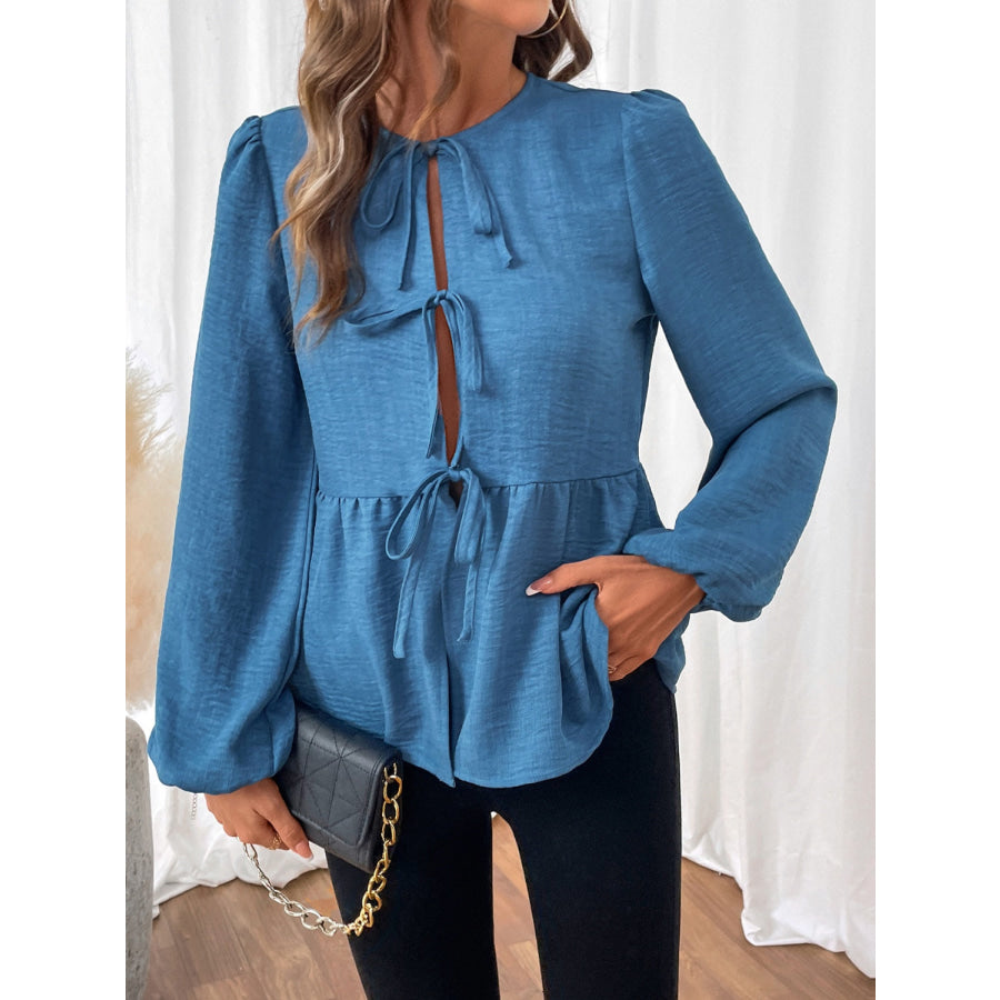 Peplum Tie Neck Balloon Sleeve Blouse Cerulean / S Apparel and Accessories