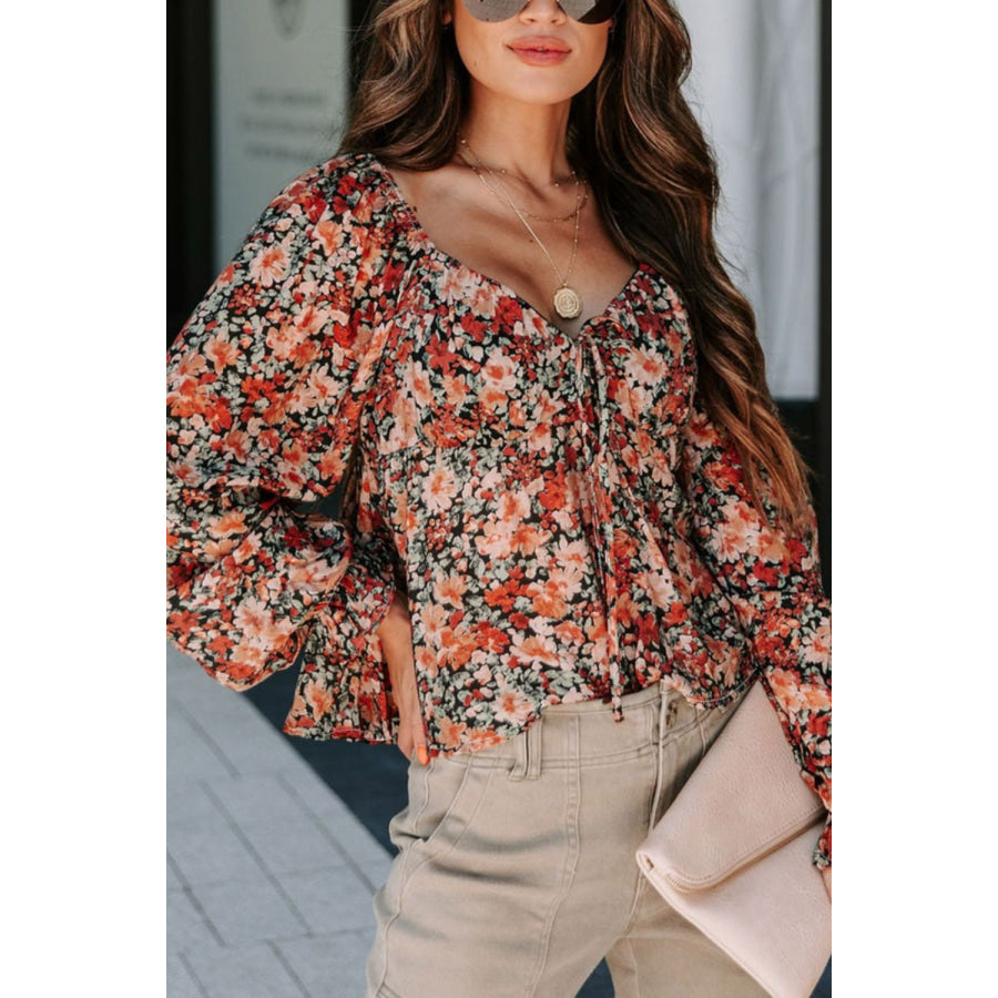 Peplum Tied Flora Long Sleeve Blouse Apparel and Accessories