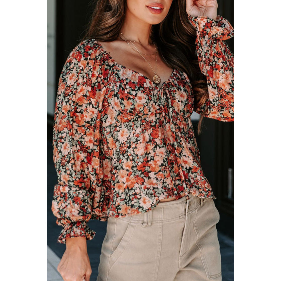 Peplum Tied Flora Long Sleeve Blouse Apparel and Accessories