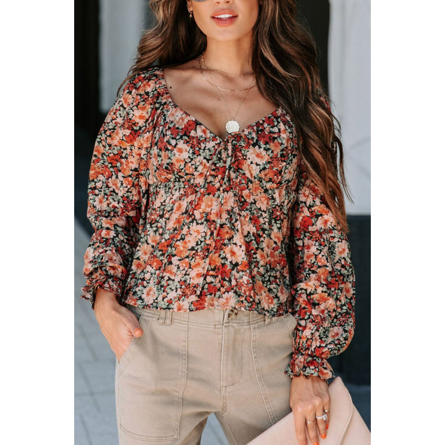 Peplum Tied Flora Long Sleeve Blouse Apparel and Accessories