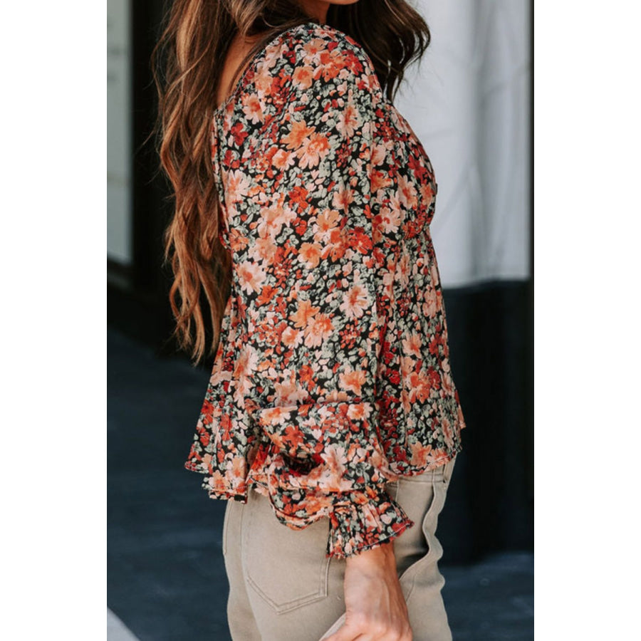 Peplum Tied Flora Long Sleeve Blouse Apparel and Accessories