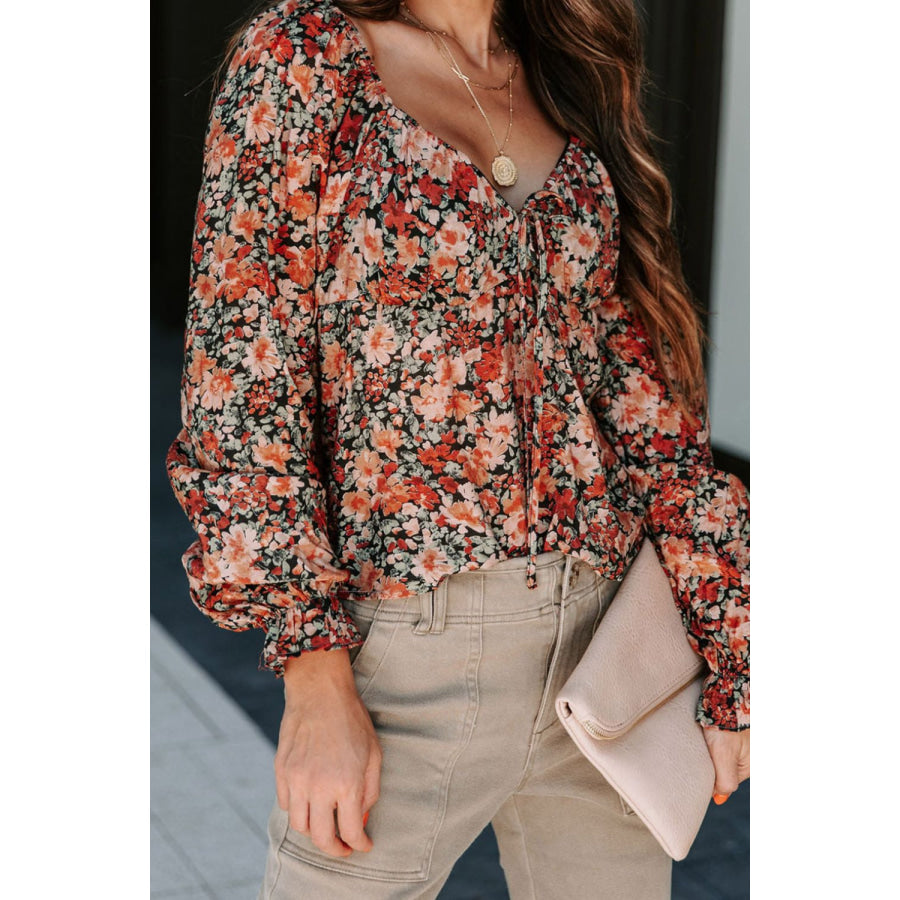 Peplum Tied Flora Long Sleeve Blouse Floral / M Apparel and Accessories