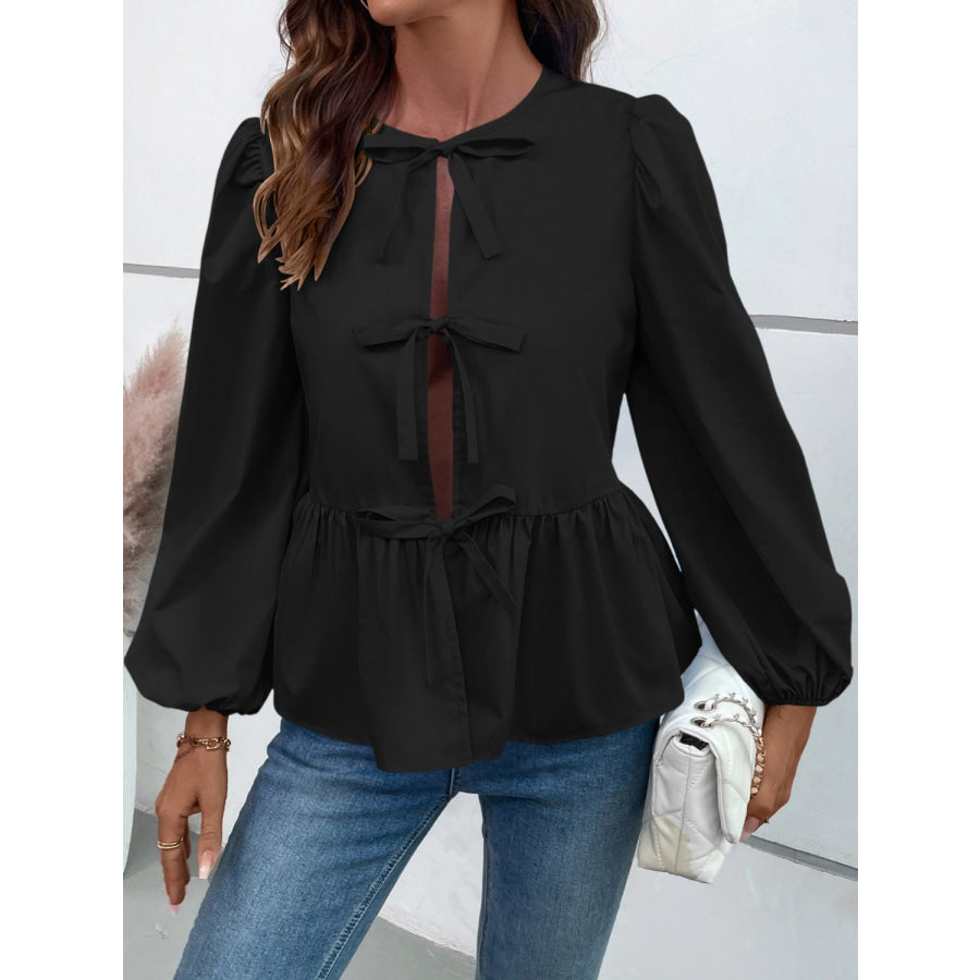 Peplum Tied Long Sleeve Blouse Apparel and Accessories